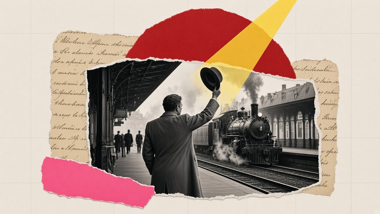 Collage: a man on a station platform raises his hat in farewell as a steam train pulls in, over scraps of an old handwritten letter